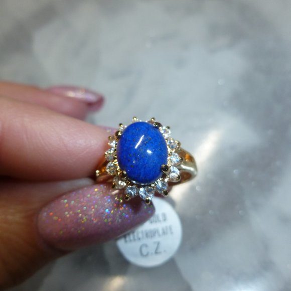 18k Yellow Gold EP Lapis Lazuli Swarovski Crystals Designer Dolphin Ore Size 7 - Picture 2 of 10